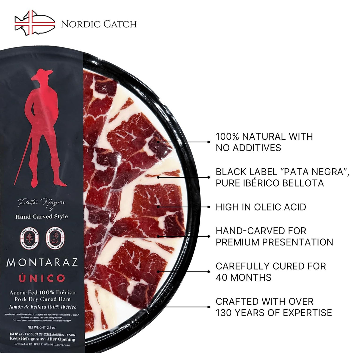 Nordic Catch Montaraz Jamón Ibérico de Bellota - Premium Black Label Deli Meat Ham Slices, 100% Pata Negra Jamón, Dry Cured Meat, Free Range & Acorn
