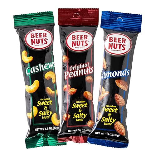 Beer Nuts Variety Packs, Individually Packed Tubes, Original Peanuts, Cashews, Almonds, Fiery Peanuts, The Unique Sweet and Salty Flavor, American