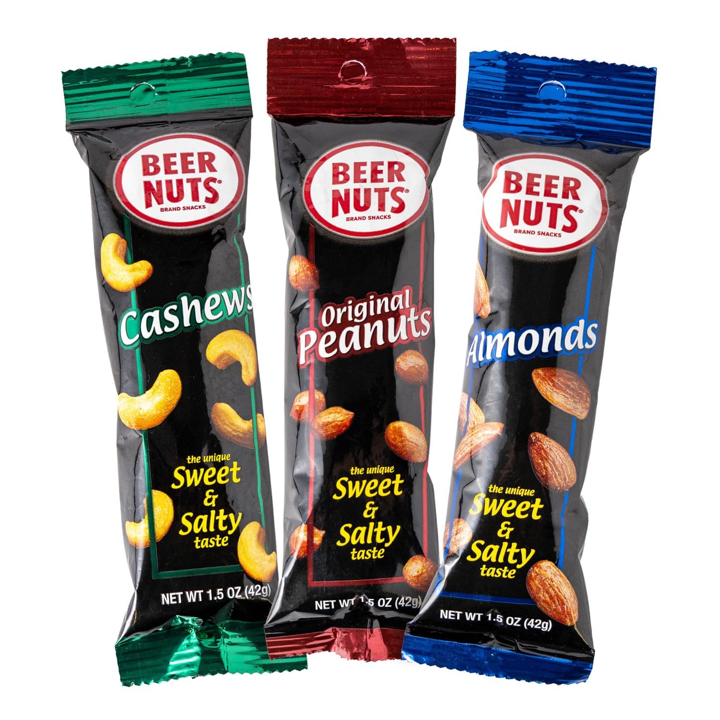 Beer Nuts Variety Packs, Individually Packed Tubes, Original Peanuts, Cashews, Almonds, Fiery Peanuts, The Unique Sweet and Salty Flavor, American