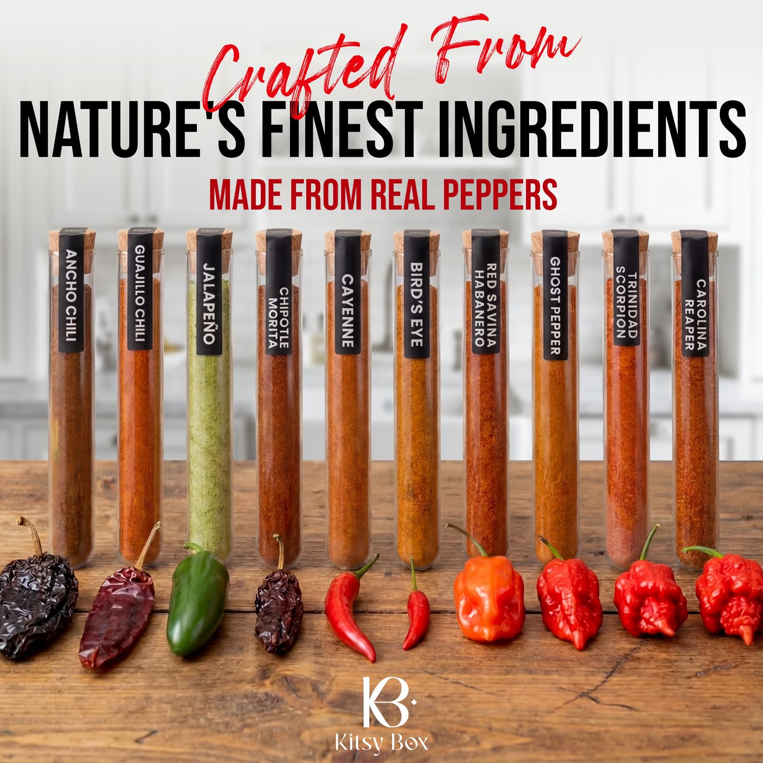KITSY BOX Premium Pepper Powder Variety Pack - 10 Gourmet Chili Powders from Mild to World's Hottest | Ghost Pepper, Carolina Reaper, Habanero