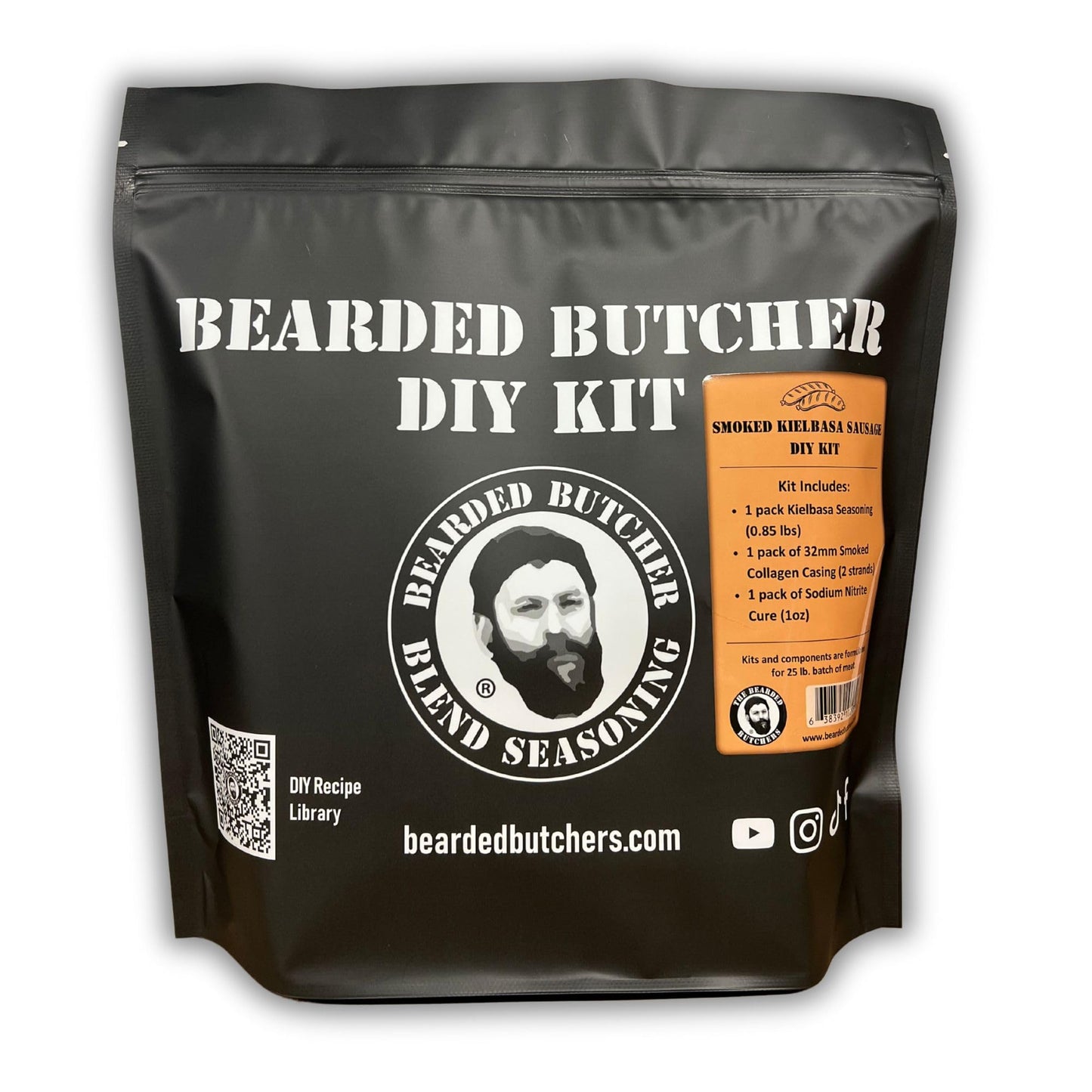 Bearded Butchers Smoked Kielbasa Sausage DIY Kit - Traditional Mild Kielbasa Seasoning, 32mm Collagen Casings & Pink Curing Salt - Makes Up to 25 lbs