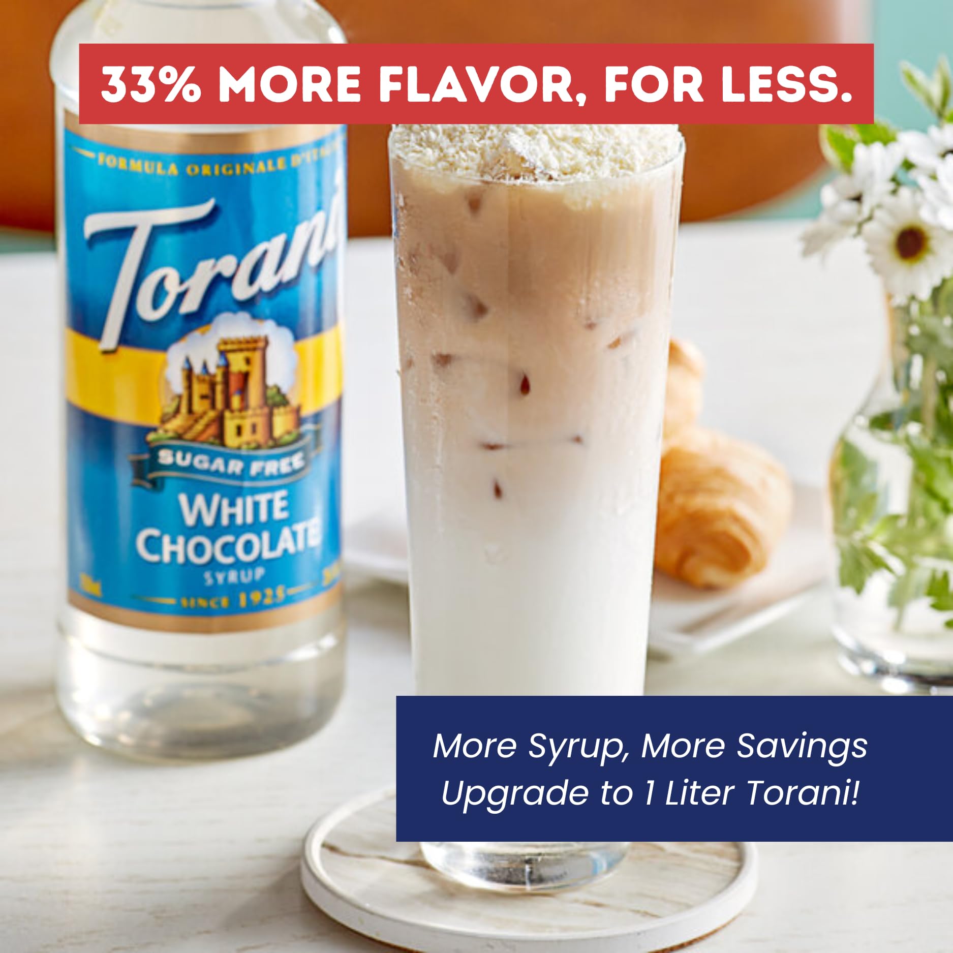 Torani Sugar Free White Chocolate Syrup 1 Liter Bottle with Pump - Zero Calorie Keto-Friendly Coffee Syrup for Lattes, Cold Brews & Desserts
