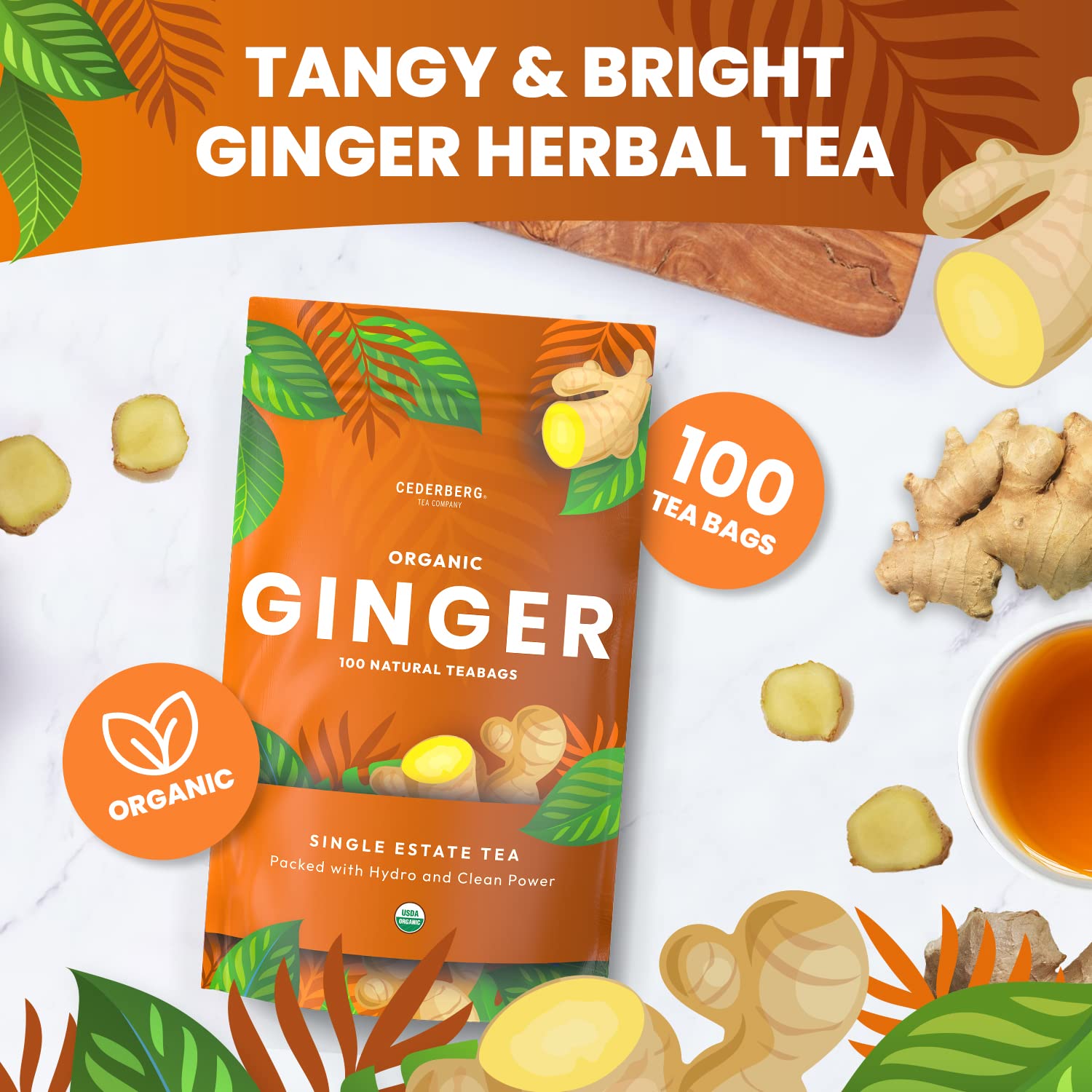 Cederberg Tea Company Organic Ginger Tea - 100 Tea Bags | Organic Herbal Tea From Single Origin | Eco-Friendly | Non-GMO Caffeine Free