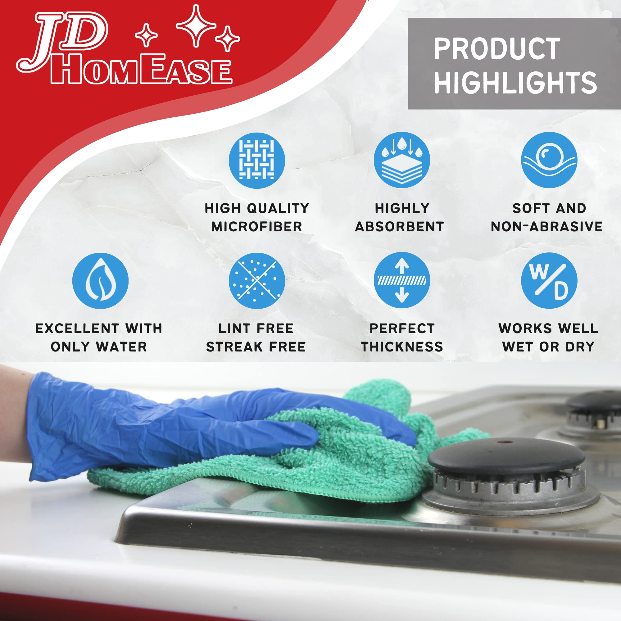 JD Homease Microfiber Cleaning Cloths,12 Pack, 16"x16", All-Purpose, Softer, Highly Absorbent, Lint-Free, Reusable, Washable Pro Towels, White