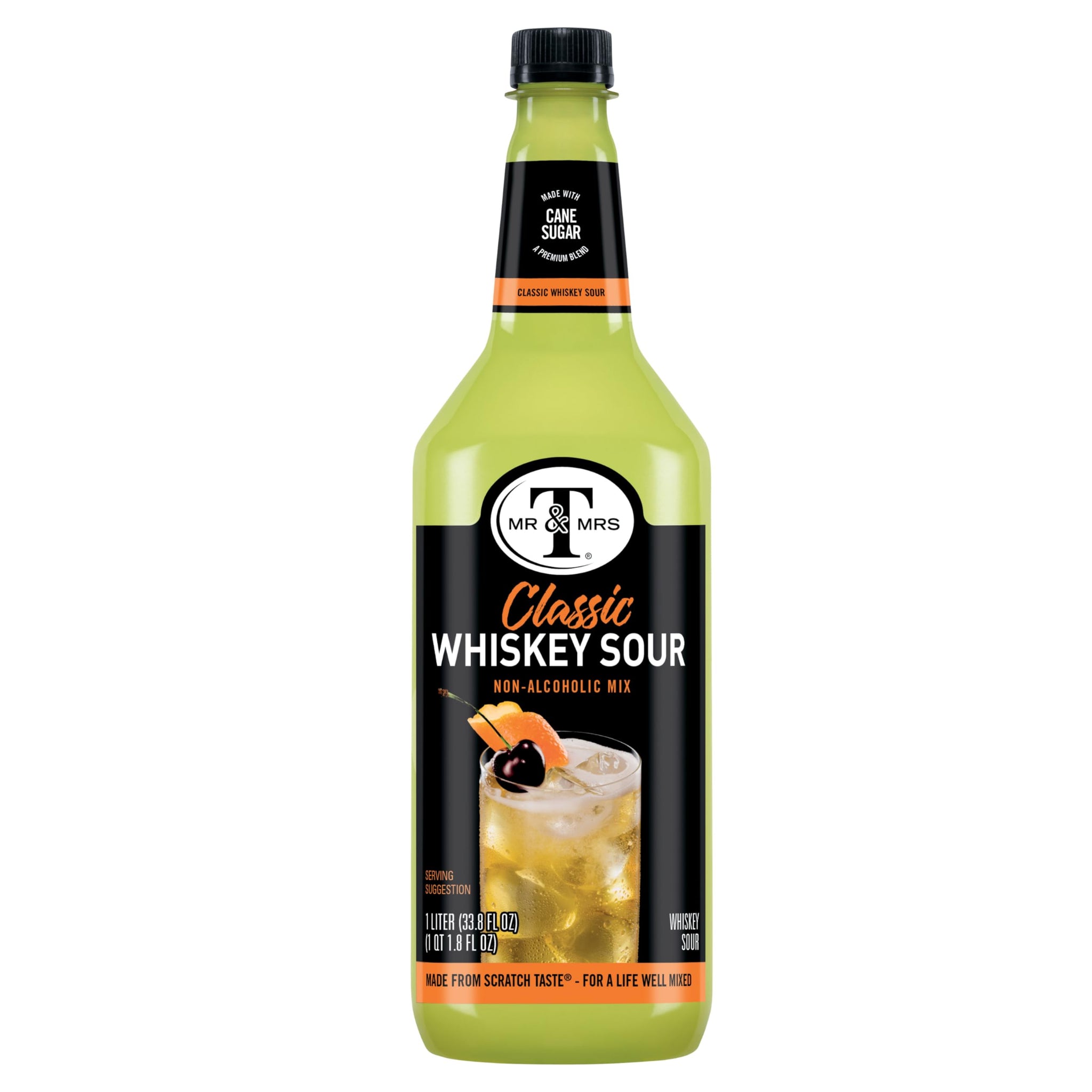 Mr & Mrs T Whiskey Sour Mix, 1 L bottle (Pack of 6), Tart and Sweet Blend Flavored Cocktail Mixer, Made with Cane Sugar, Perfect for Traditional