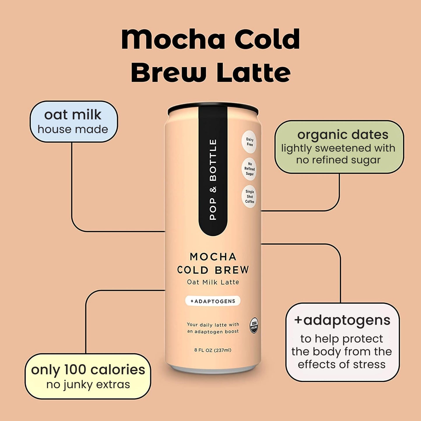Pop & Bottle, Oat Milk Lattes Cold Brew with Adaptogens, Maca, Ashwagandha, Mct Oil, Oat Milk, Organic, Dairy, Gluten Free, Great as Iced Coffee
