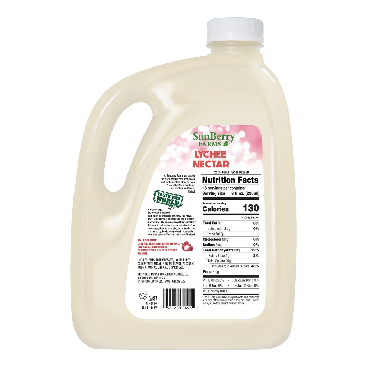 Sunberry Farms Lychee Nectar 128 fl oz | 1 Gallon Exotic Tropical Drink Made from Lychee Purée Concentrate | Sweet & Floral Flavor | No Artificial
