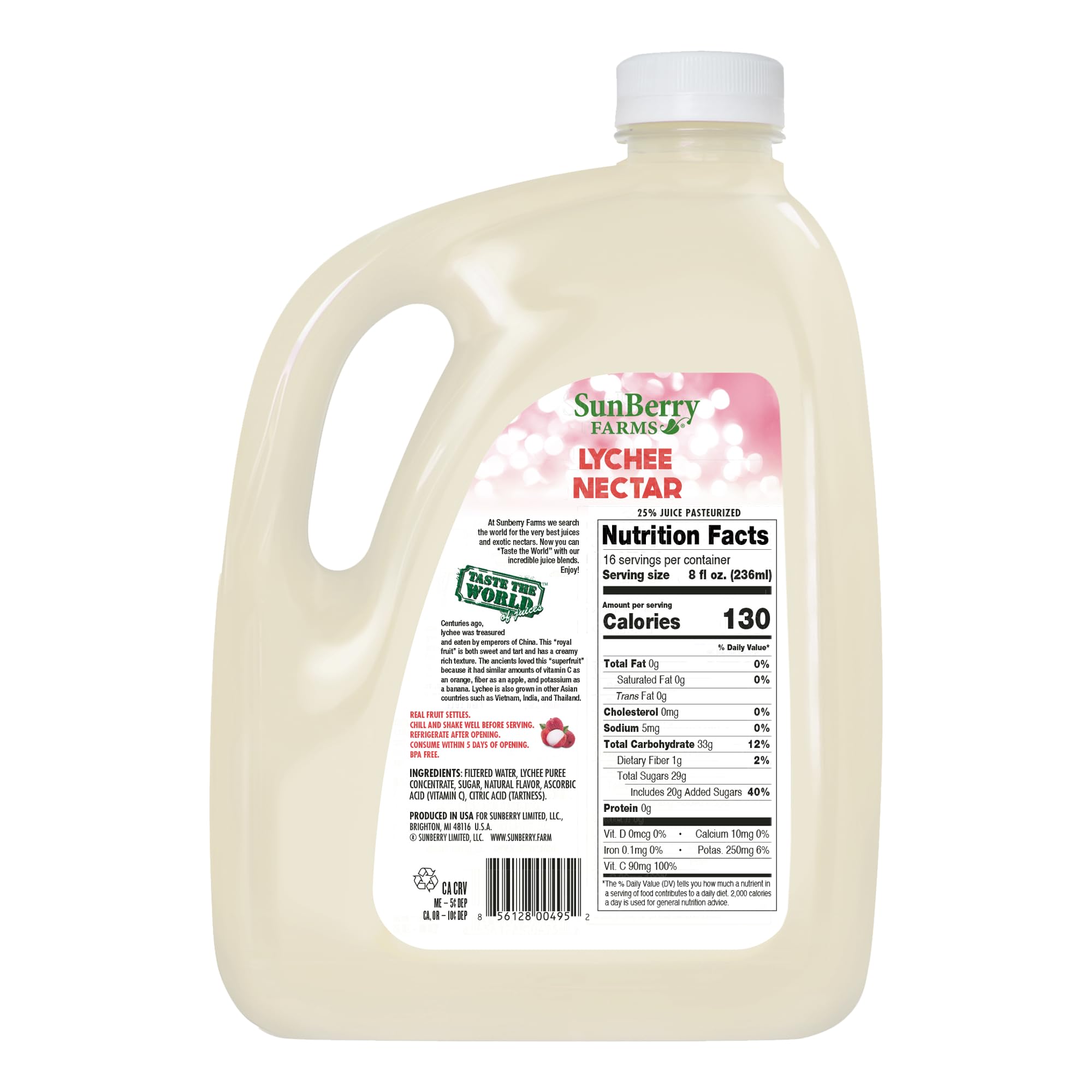 Sunberry Farms Lychee Nectar 128 fl oz | 1 Gallon Exotic Tropical Drink Made from Lychee Purée Concentrate | Sweet & Floral Flavor | No Artificial