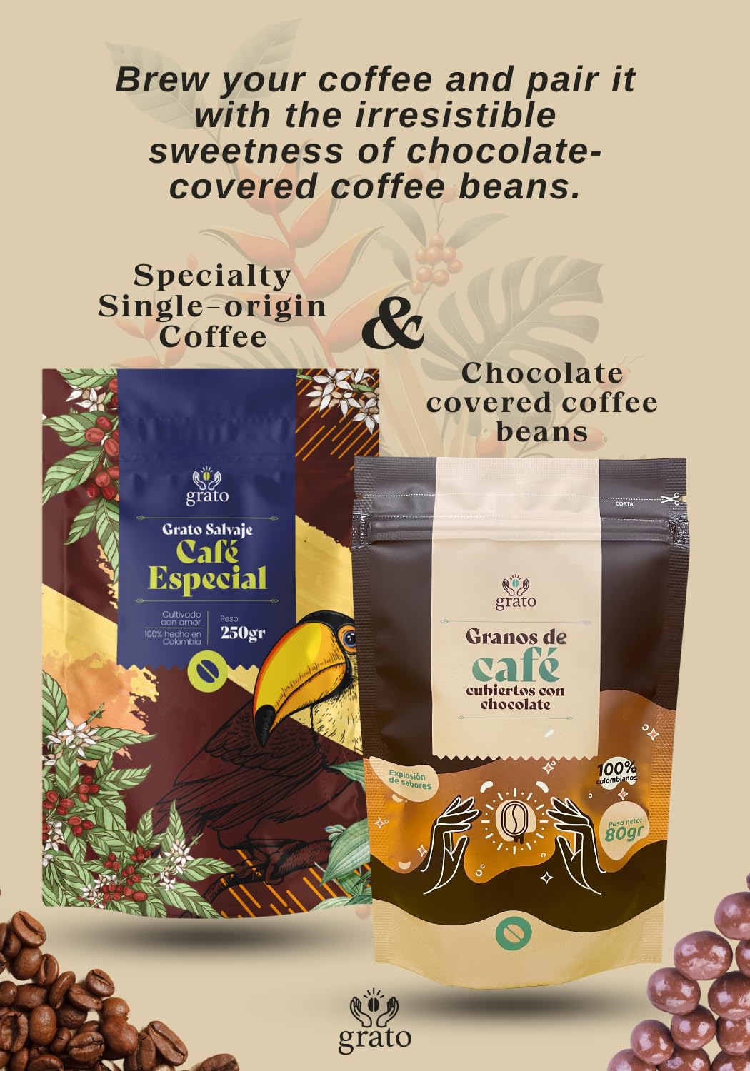 Grato Specialty Coffee Kit - Ground (250g) + Chocolate-Covered Beans (80g) | Premium Colombian Coffee & Gourmet Snack