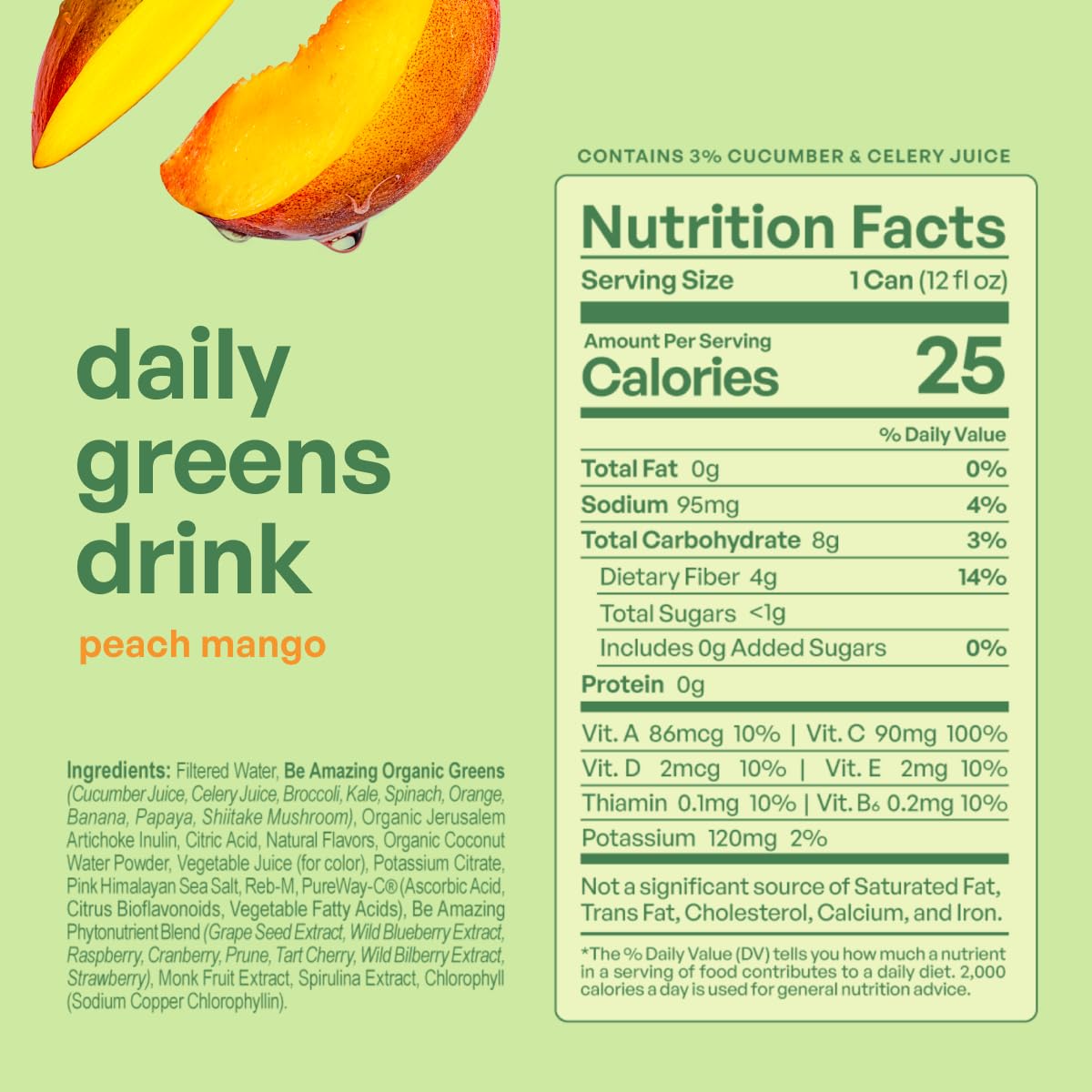 Be Amazing Greens Drink, Peach Mango, Ready to Drink, 10 Organic Fruits & Vegetables, Coconut Water, Vitamin C, Prebiotic Fiber, 25 Calories, Low