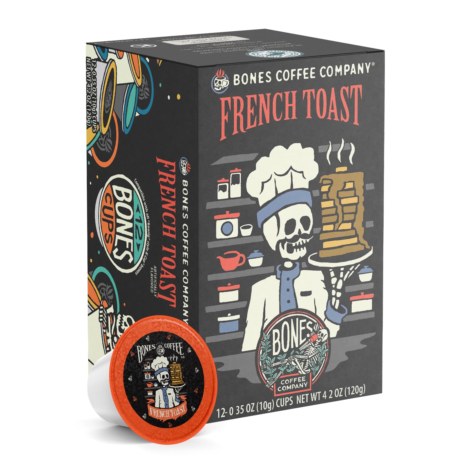 Bones Coffee Company Flavored Coffee Bones Cups French Toast | 12ct Single-Serve Coffee Pods Compatible With 1.0 & 2.0 Keurig Coffee Maker | Sweet
