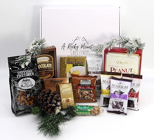 Gift Basket Village Rocky Mountain Christmas Gift Box: Gourmet Pretzels, Chocolate Covered Fruits & Nuts, Wafers, Pecan Roll, Cheese Spread, Roca