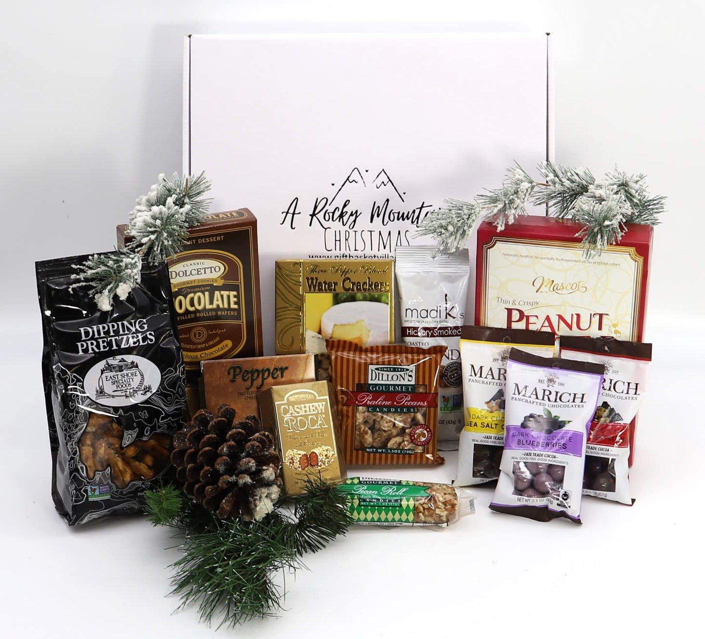 Gift Basket Village Rocky Mountain Christmas Gift Box: Gourmet Pretzels, Chocolate Covered Fruits & Nuts, Wafers, Pecan Roll, Cheese Spread, Roca