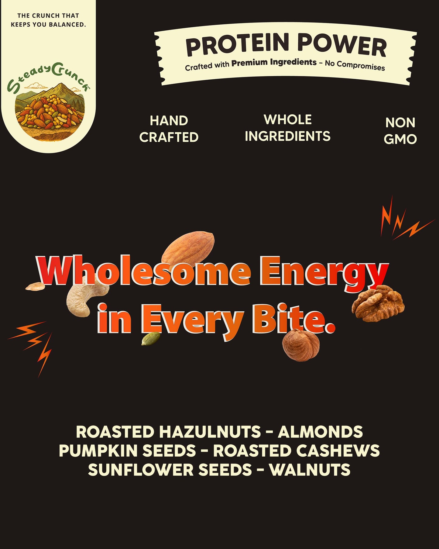 SteadyCrunch Protein Power Mixed Nuts - High Protein Snacks & Keto Nut Mix - Non-GMO, Vegan & Gluten Free Healthy Snacks - Almonds, Cashews & Walnuts