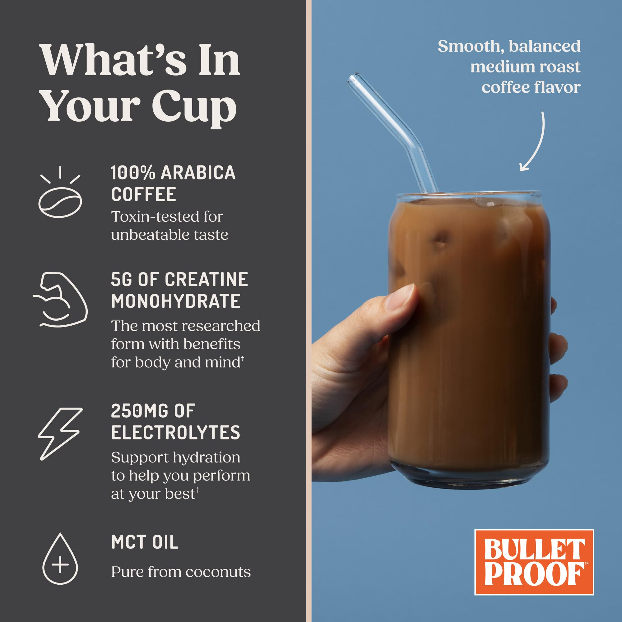 Bulletproof Coffee + Creatine Instant Coffee, 5g Micronized Creatine Monohydrate with Electrolytes & MCT Oil, Clean Toxin-Tested Beans, Energy