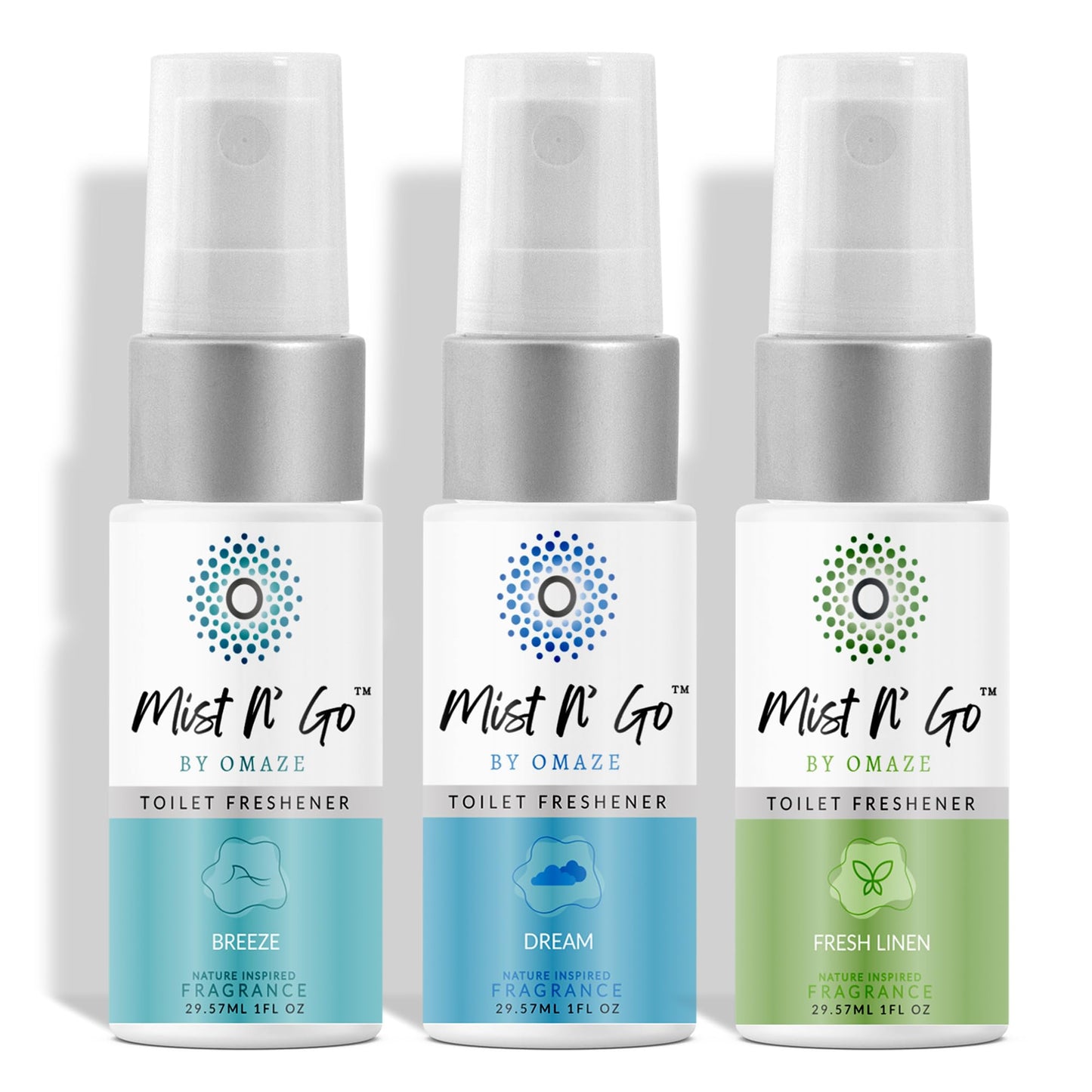 Mist N' Go by Omaze Travel Toilet Spray Odor Eliminator - Toilet Freshener for Bathroom Air Deodorizer - Clean Mix, Travel Size (3x1oz)