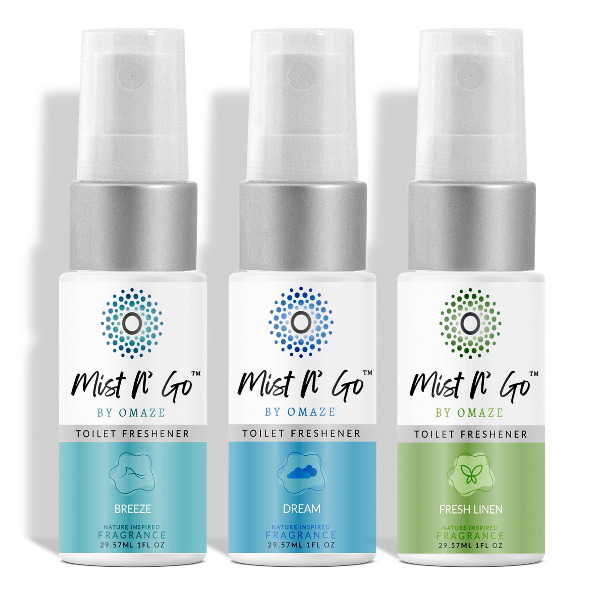 Mist N' Go by Omaze Travel Toilet Spray Odor Eliminator - Toilet Freshener for Bathroom Air Deodorizer - Clean Mix, Travel Size (3x1oz)