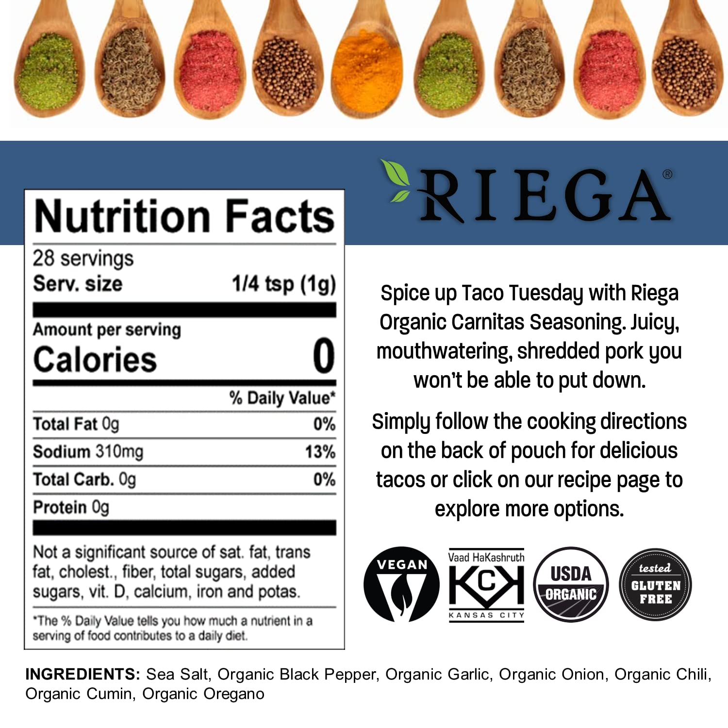 Riega Street Taco Seasoning, Organic Mexican Spice Blend for Cooking Authentic Meals, Carnitas, 1.1 oz Packets, 8 Count