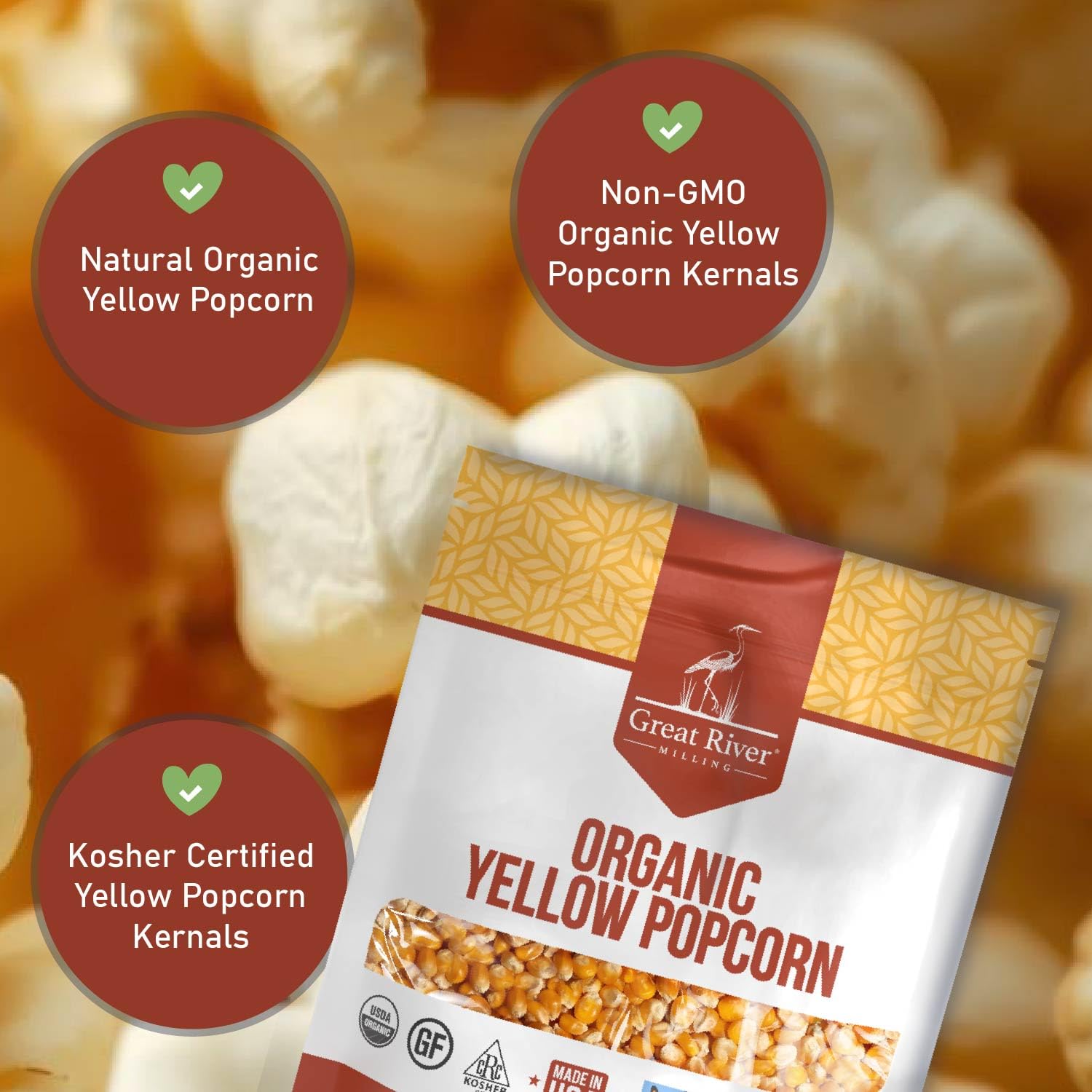 Great River Milling Organic Yellow Popcorn Kernels | Gluten Free Whole Grain Popcorn for Air Popper, Stovetop & Popcorn Machines | Non-GMO, USDA