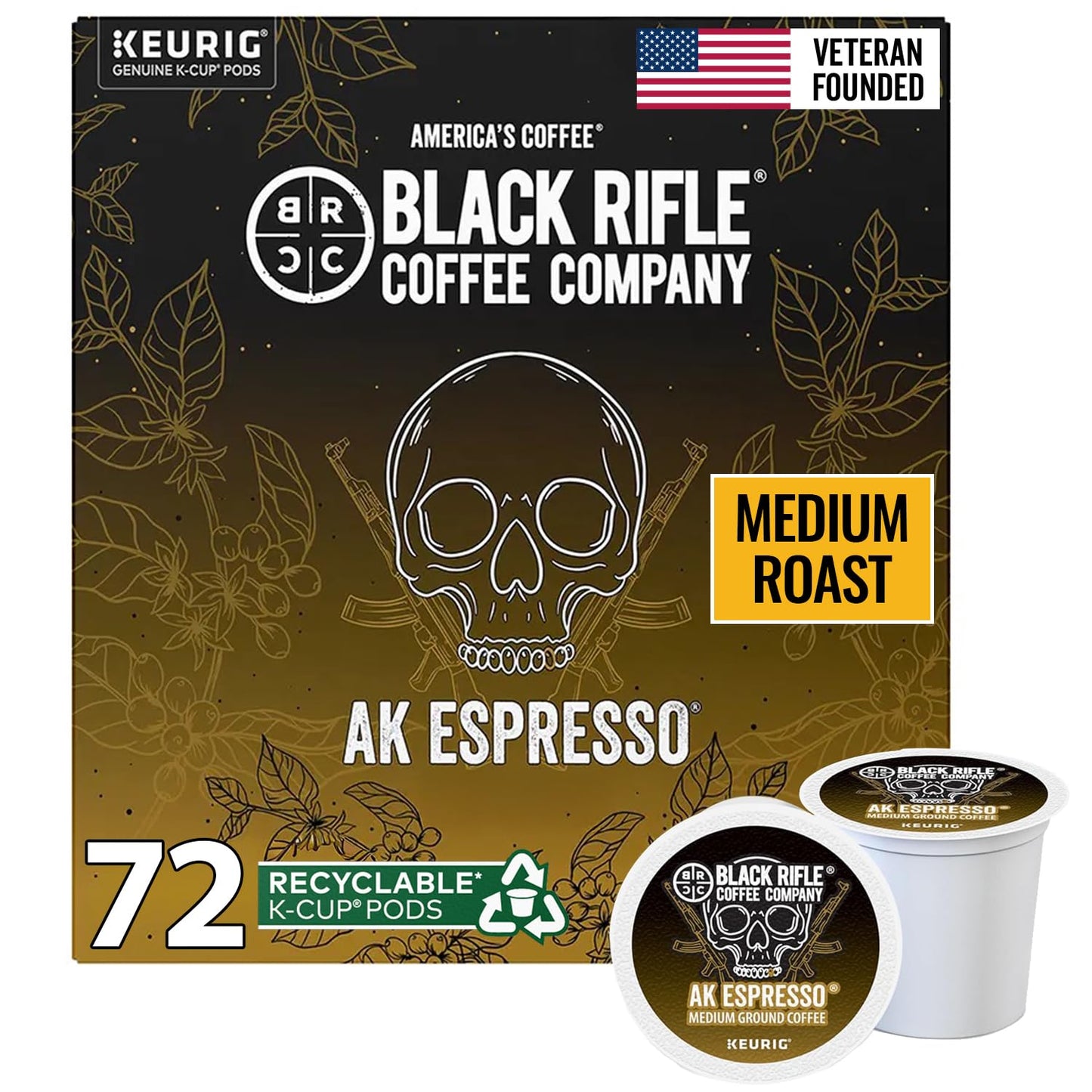 Black Rifle Coffee Company AK Espresso, 72 Count, Medium Roast K Cups - Single Serve K Cups Coffee Pods - Kcup Pods Compatible with Keurig 1.0 & 2.0