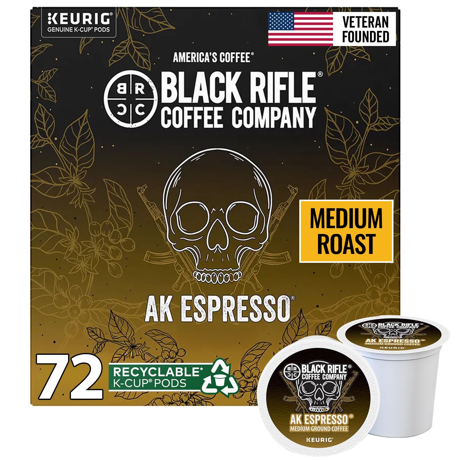 Black Rifle Coffee Company AK Espresso, 72 Count, Medium Roast K Cups - Single Serve K Cups Coffee Pods - Kcup Pods Compatible with Keurig 1.0 & 2.0