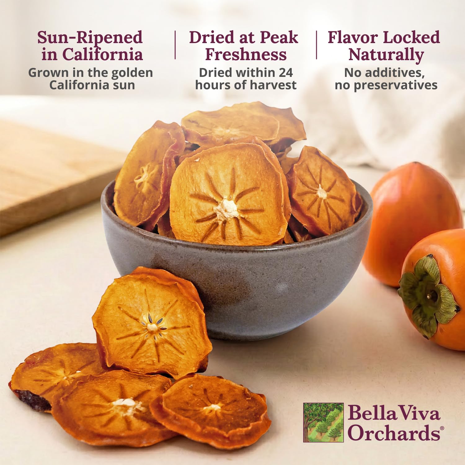 Bella Viva Dried Persimmons, 1.5 lb - California Dried, Upcycled Persimmon Slices - No Sugar Added, No Sulfites - Soft & Chewy Dry Persimmon Fruit