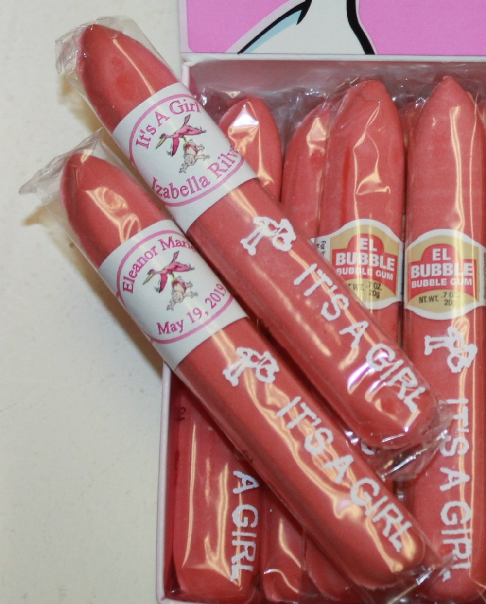 Personalized Pink It's a Girl Bubble Gum Cigar Box of 36 Cigars with Personalized Bands