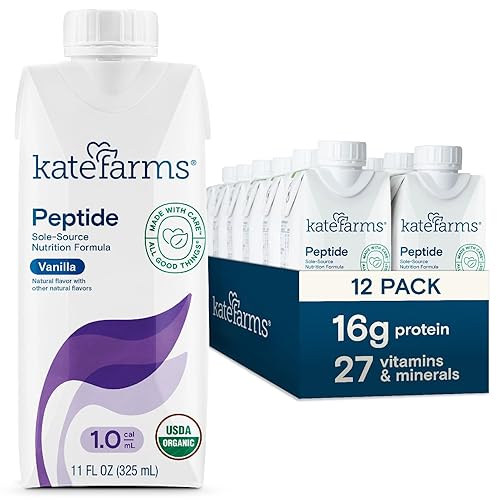 KATE FARMS Organic Adult Peptide 1.0 Formula, Vanilla, Sole-Source, Hydrolyzed Plant-Based Nutrition for Oral or Tube Feeding, 11 Fl oz (12 Pack)