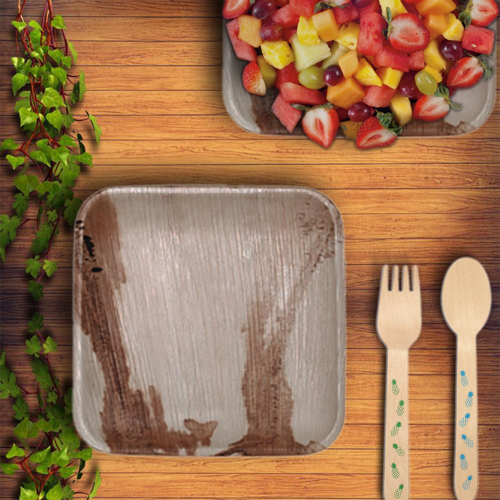 CaterEco Square Palm Leaf Plates Set (Pack of 25) | Salad Plates | Ecofriendly Disposable Dinnerware | Heavy Duty Biodegradable Party Utensils