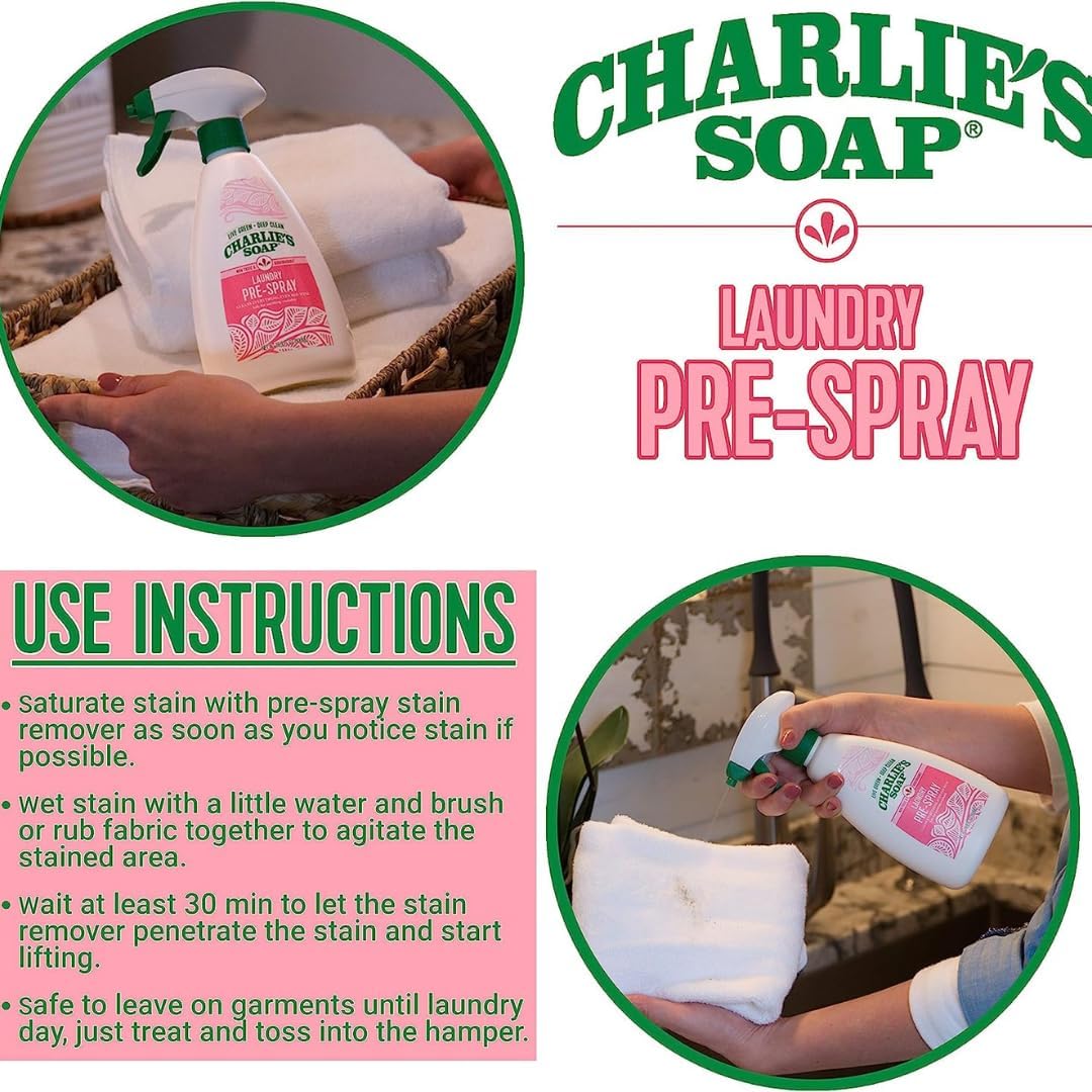 Charlie’s Soap Laundry Pre-Spray with Spray Top 32 Fl. Oz Bottle, Pack of 2, Natural Laundry Pretreat and Stain Remover - Powerful and Eco-Friendly