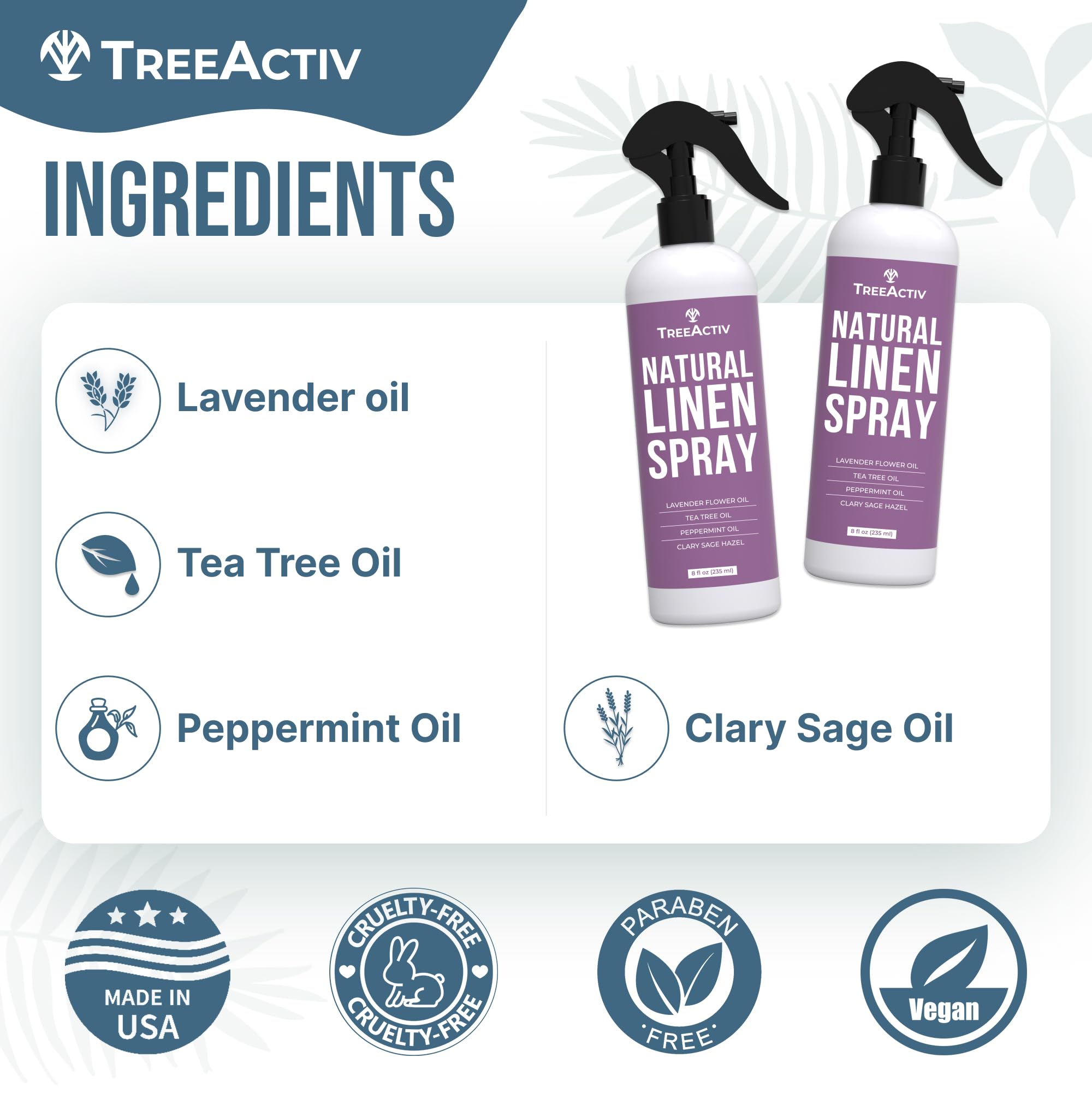 TreeActiv Natural Linen Spray, 8 fl oz, Lavender for Sleep, Beddings, Pillows, and Sheets With Tea Tree, Pillow Mist Freshener, 2000+ Sprays