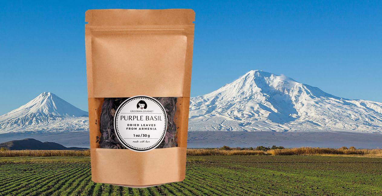 Purple Basil (Ocimum basilicum) 1 OZ (30g), Aromatic Italian, Armenian, Greek Heritage Variety - Naturally Caffeine-Free - Grown in Armenia - Ideal