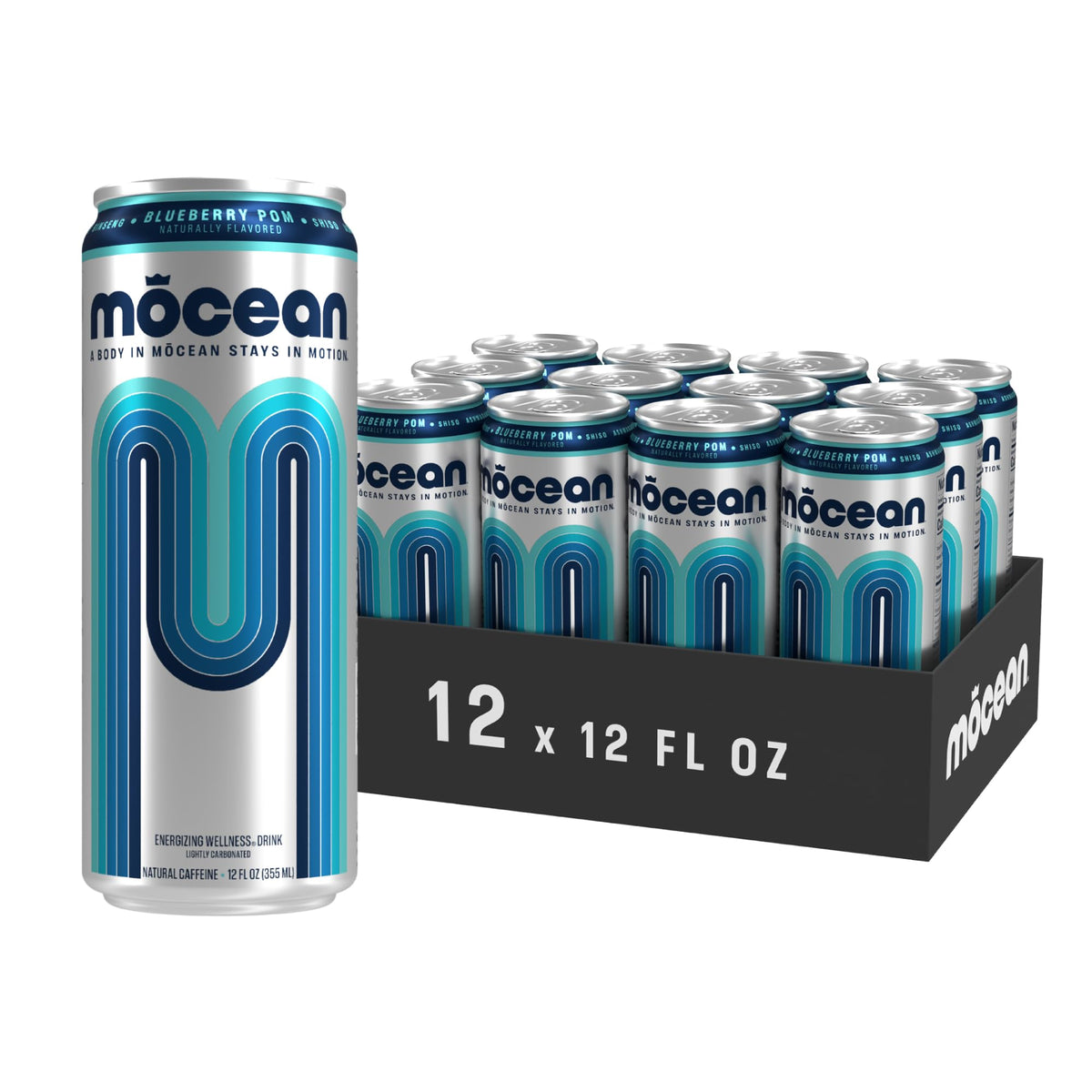 M?CEAN Blueberry Pomegranate Energy Drink, 12-Pack (12 fl oz) Clean Adult Energy Drink with 130mg Natural Caffeine, Adaptogens & Minerals, No Taurine