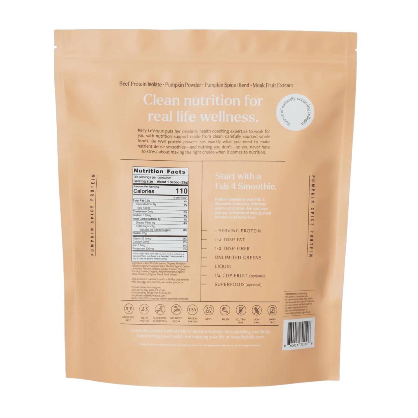 Be Well by Kelly Pumpkin Spice Grass-Fed Beef Protein Powder, 23G of Protein & 3G Net Carbs (30 Servings) 9 Amino Acids + 3 BCAAs No Soy, No Dairy
