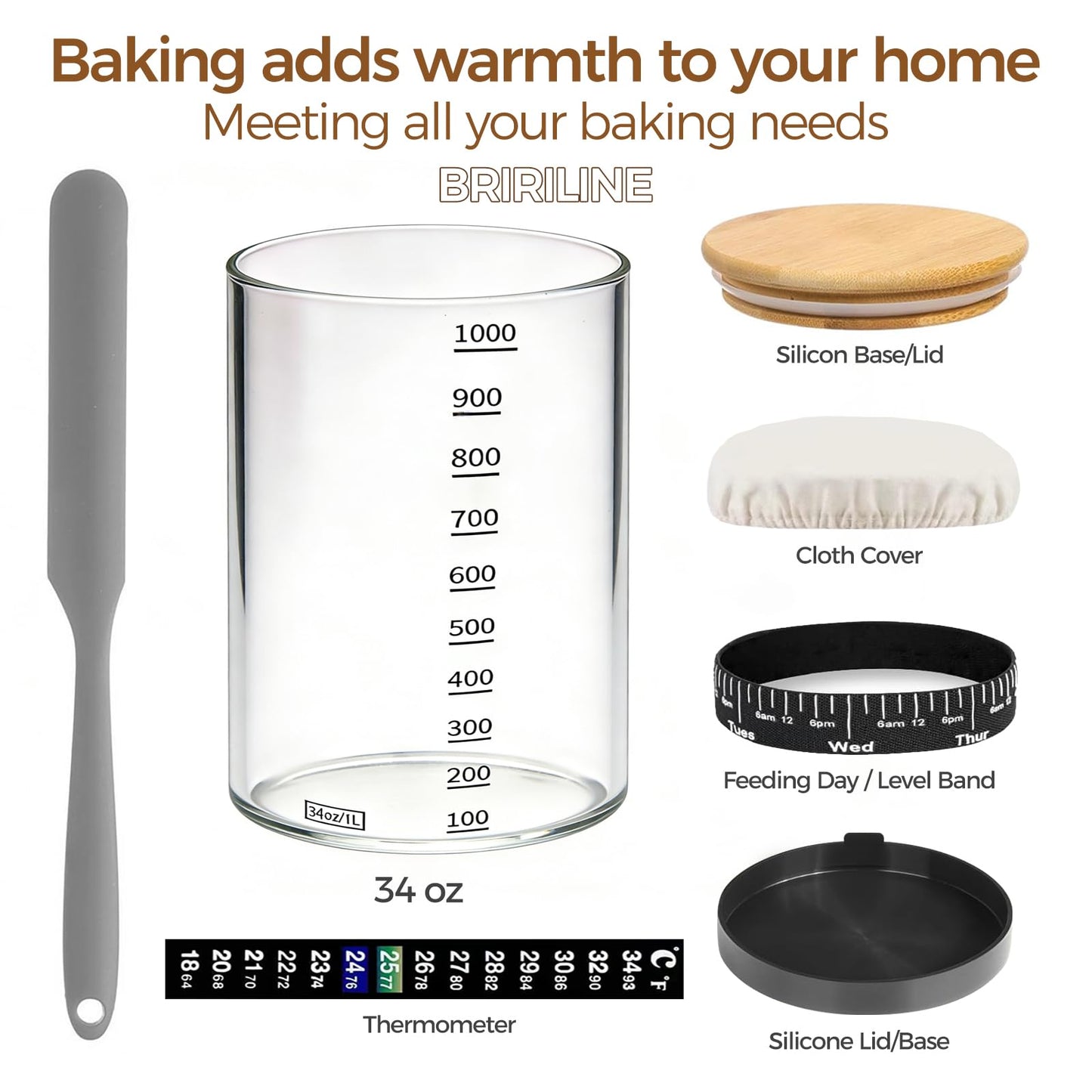 BRIRILINE Pro Sourdough Bread Starter Kit - 34 oz sourdough jar with 5 unique features for the perfect sour dough bread & sourdough starter kit