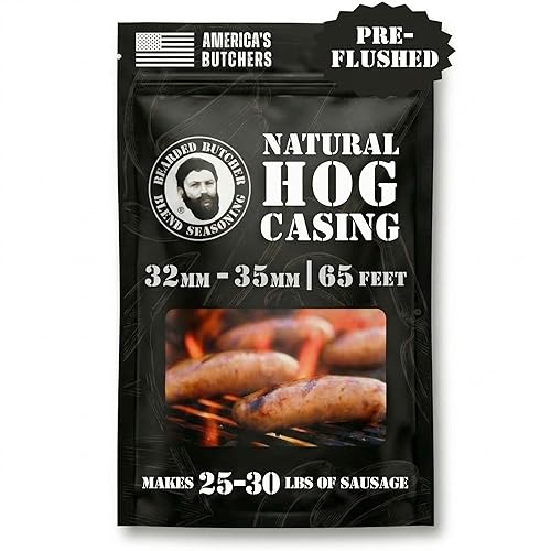 Bearded Butchers Natural Hog Casings 32-35mm - Pre-Flushed, Edible Sausage Casing for 25-30 lbs of Meat - Resealable Bag for Easy Storage - Bratwurst