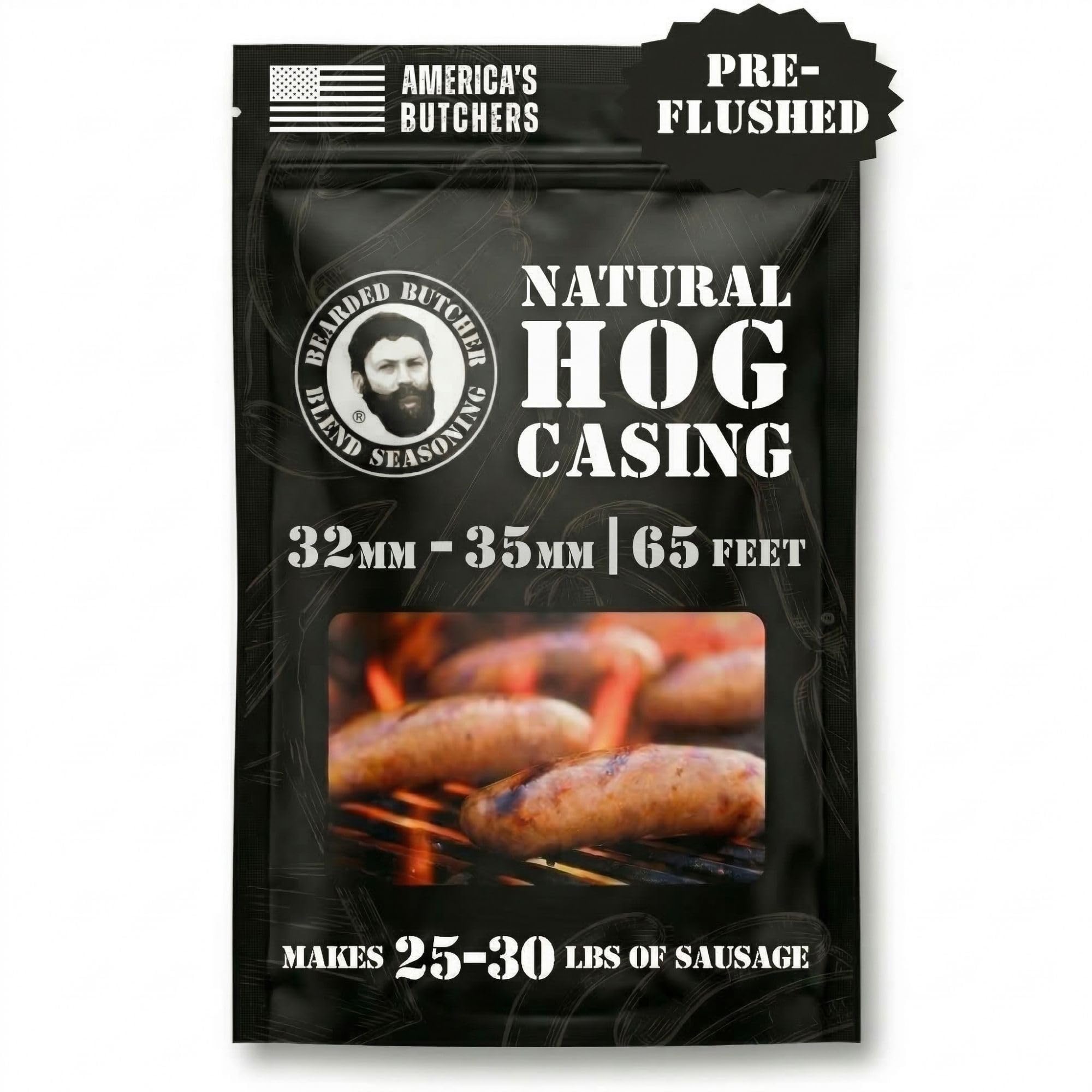 Bearded Butchers Natural Hog Casings 32-35mm - Pre-Flushed, Edible Sausage Casing for 25-30 lbs of Meat - Resealable Bag for Easy Storage - Bratwurst