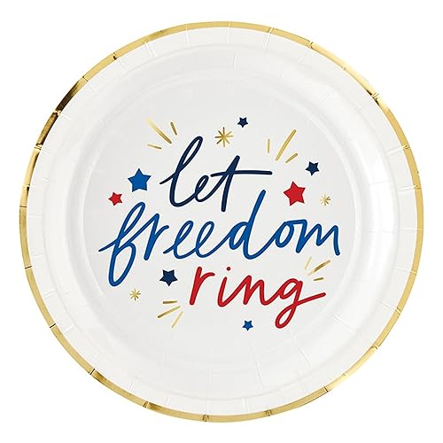 Slant Collections Patriotic Party 8-Count Round Paper Plates, 7" Diameter, Let Freedom Ring