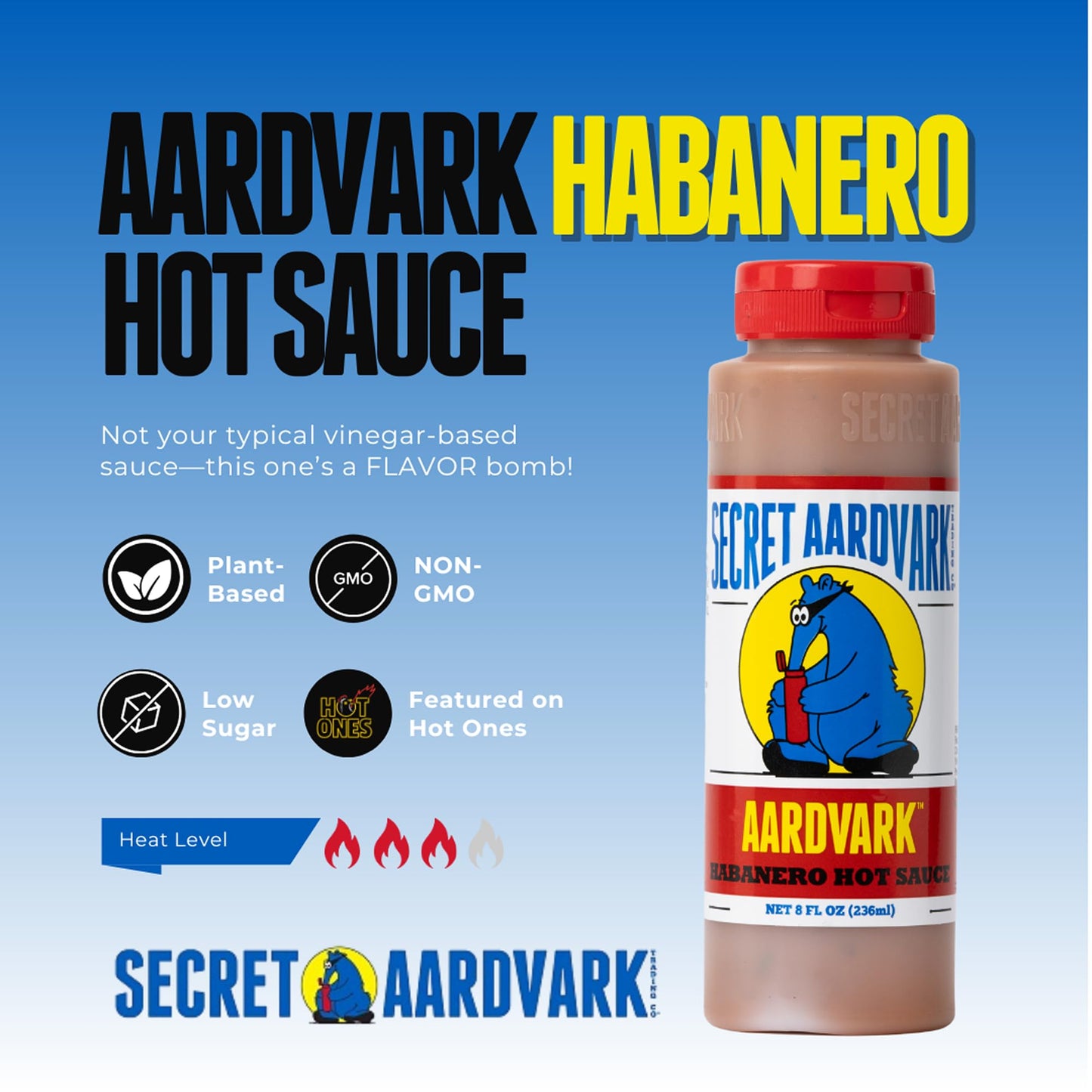 Secret Aardvark Habanero Hot Sauce, Non-GMO, Low Carb, Low Sugar, 64 fl oz