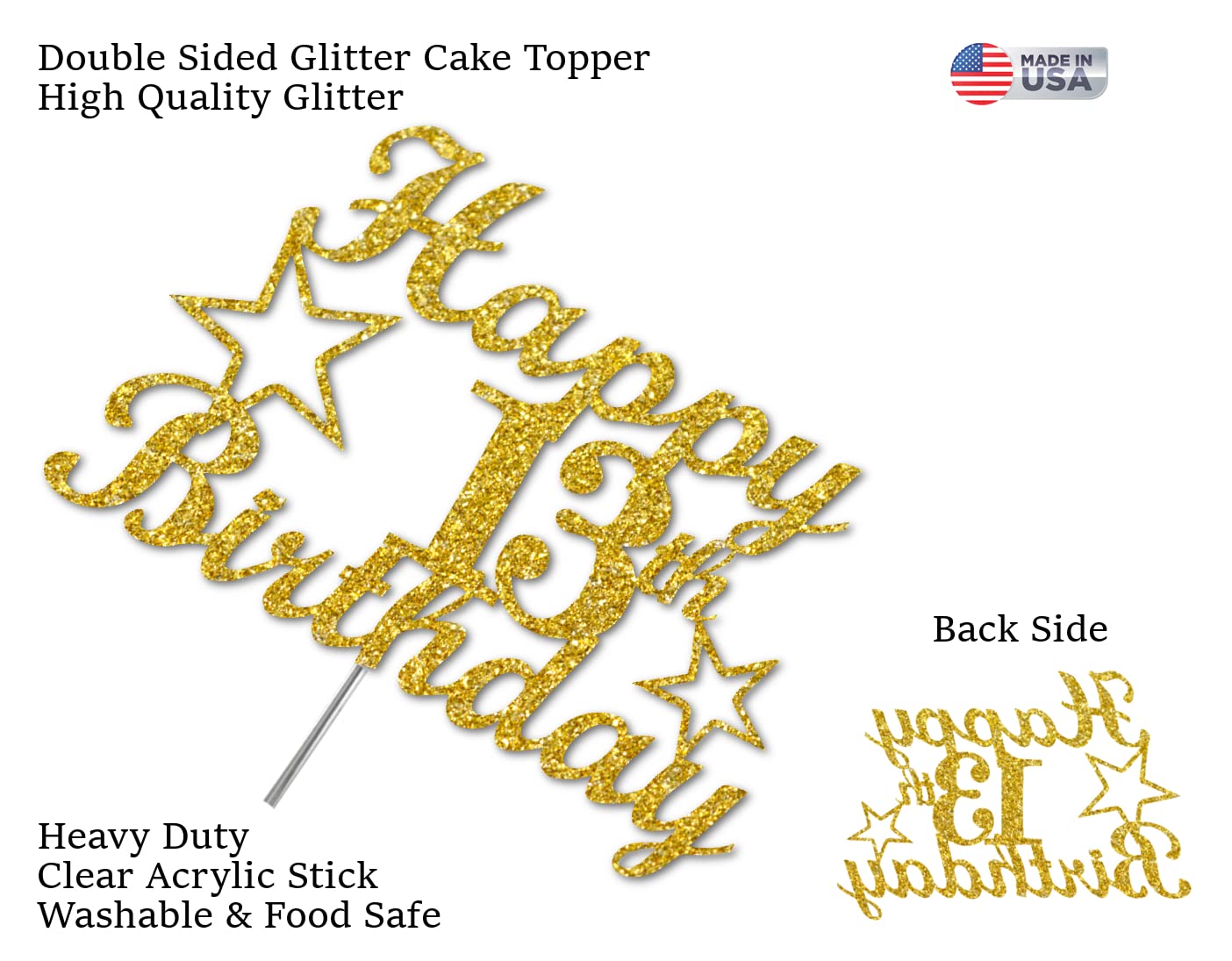 13 Birthday Cake Topper Gold Glitter, Party Decoration Ideas, Premium Quality, Sturdy Doubled Sided Glitter, Acrylic Stick. Made in USA (13th)