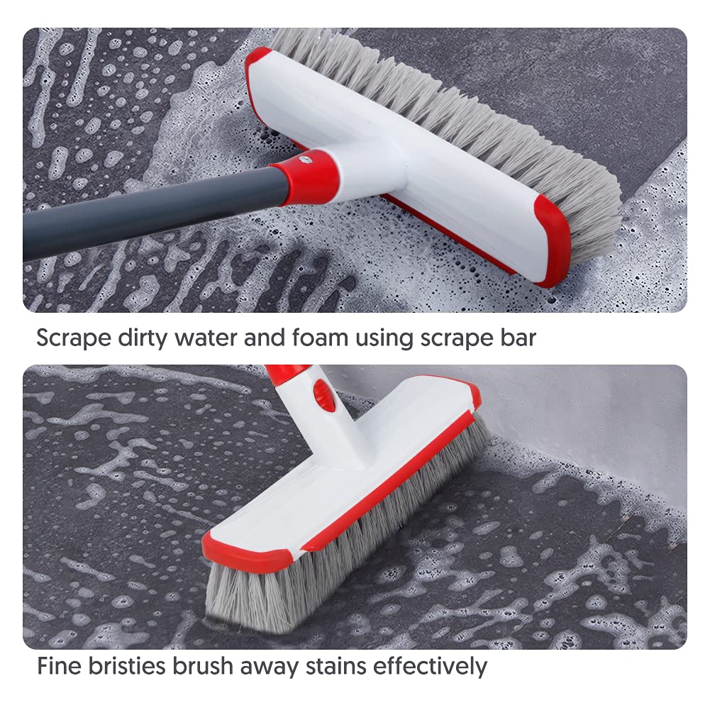 Floor Scrub Brush with Long Handle, Scrubbing Brush Squeegee Broom for Cleaning, 2 in1 Stiff Bristle Shower Scrubber Floor Squeegee for Pool Wall