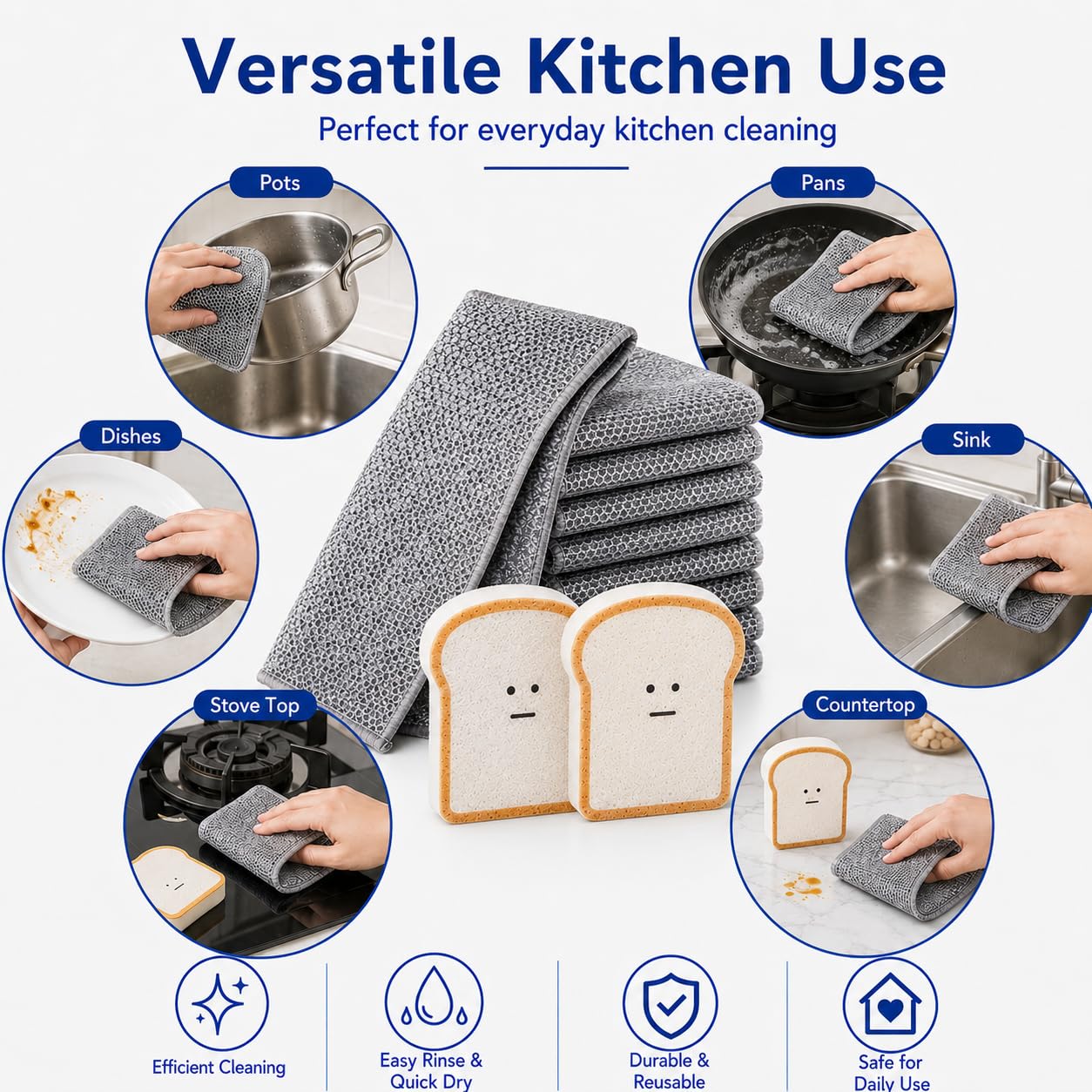 Non Scratch Wire Dishcloths 8 Pack with 2 Kitchen Sponges, Reusable Double Layer Wire Cleaning Cloths for Pots, Pans, Dishes, Sinks and Stove Tops