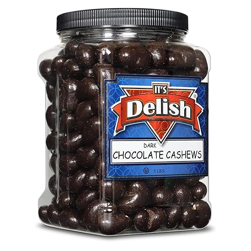 Dark Chocolate Covered Cashews by Its Delish, 3 LBS Jumbo Reusable Container (Jar) | Gourmet Dark Chocolate Cashews, Healthy Snacks Chocolate Nuts