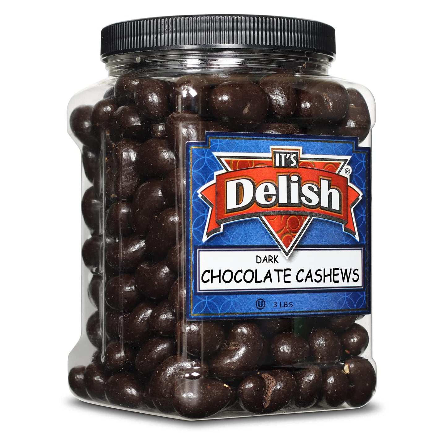 Dark Chocolate Covered Cashews by Its Delish, 3 LBS Jumbo Reusable Container (Jar) | Gourmet Dark Chocolate Cashews, Healthy Snacks Chocolate Nuts