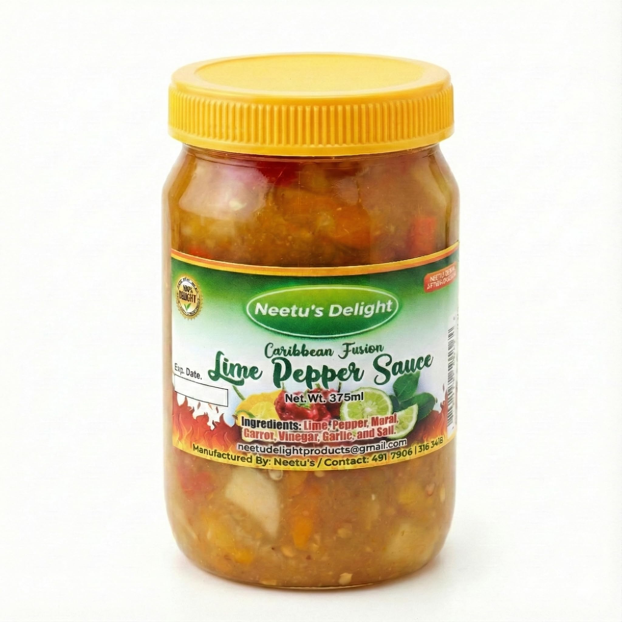 Neetu's Delight: Caribbean Fusion - Lime Pepper (Hot) Sauce 14.5oz (Net Wt. 375ml) | Full of Flavour | Medium Heat | Made with Scotch Bonnet Peppers |