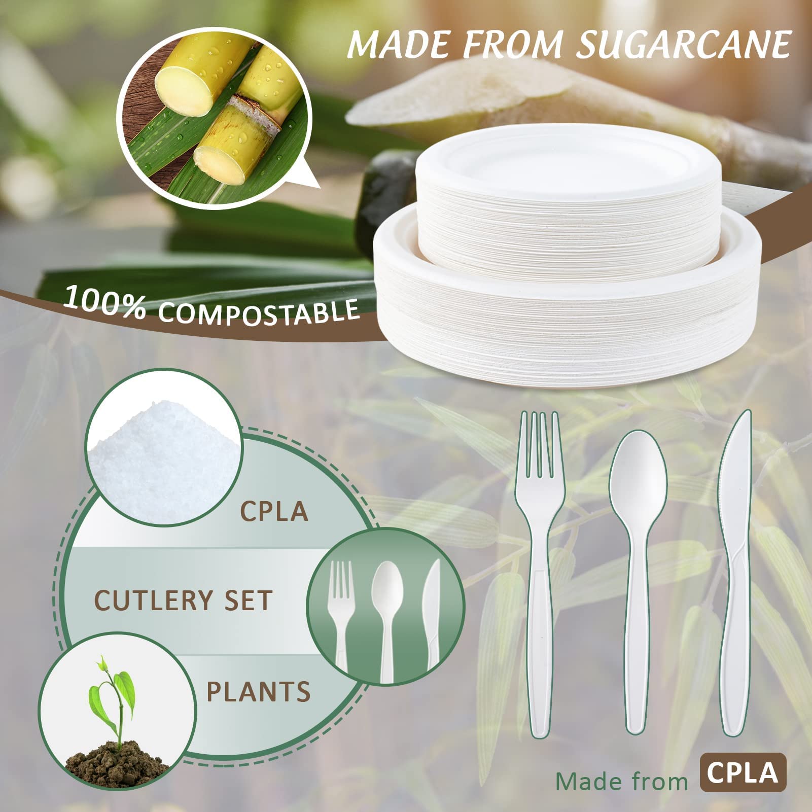 ECOLipak Heavy Duty Compostable Paper Plates Set - 350 Biodegradable Plates & Eco Friendly CPLA Cutlery for DInnerware, Party, Camping & BBQ
