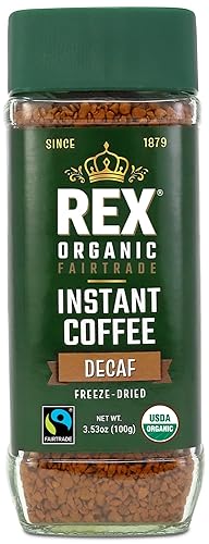 Rex Coffee Organic Fairtrade Natural Decaf Freeze-Dried Instant Coffee - Naturally Decaffeinated Arabica, 3.53 oz Glass Jar - Lab Tested for Mold