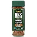 Rex Coffee Organic Fairtrade Natural Decaf Freeze-Dried Instant Coffee - Naturally Decaffeinated Arabica, 3.53 oz Glass Jar - Lab Tested for Mold