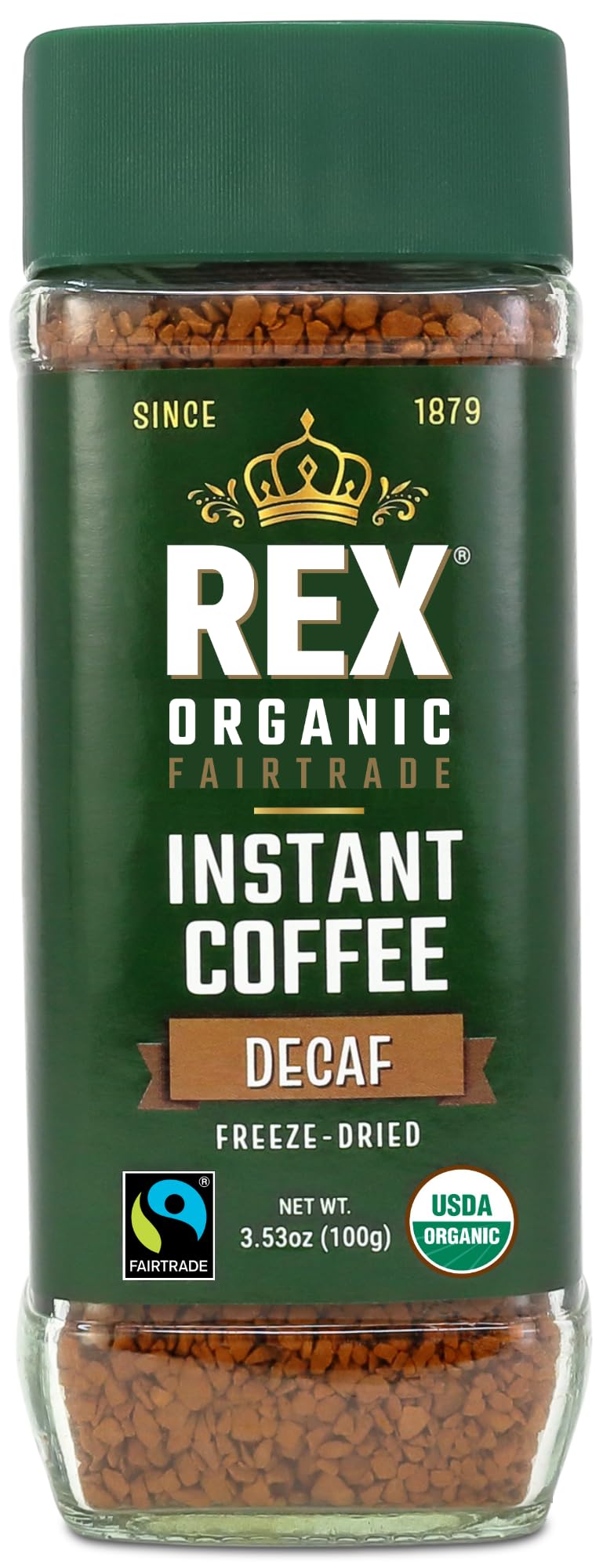 Rex Coffee Organic Fairtrade Natural Decaf Freeze-Dried Instant Coffee - Naturally Decaffeinated Arabica, 3.53 oz Glass Jar - Lab Tested for Mold
