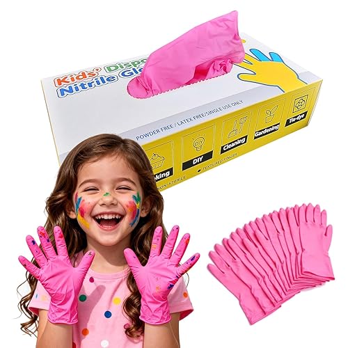 AYUMAT Kids Disposable Gloves for 6-10 Years,Pink Nitrile Gloves Durable and Protective for Painting, Cleaning, Cooking, Gardening (S,100PCS)